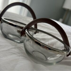 Pair of NEW zodax Leather Handled Glass bowls with silver trim. Made in India